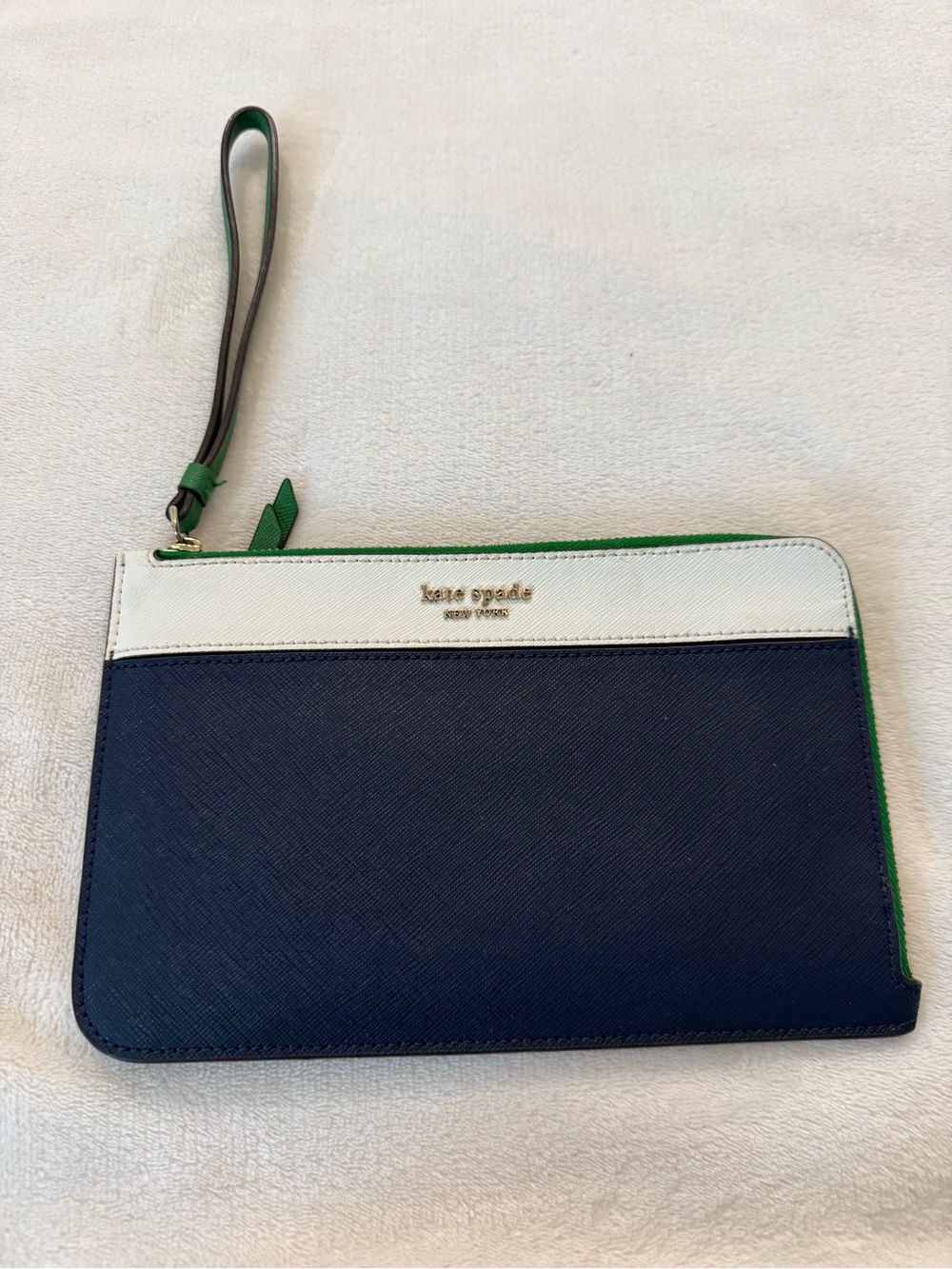 Kate Spade Cameron Medium L Zip Clutch / Wristlet Midnight Blue White Green